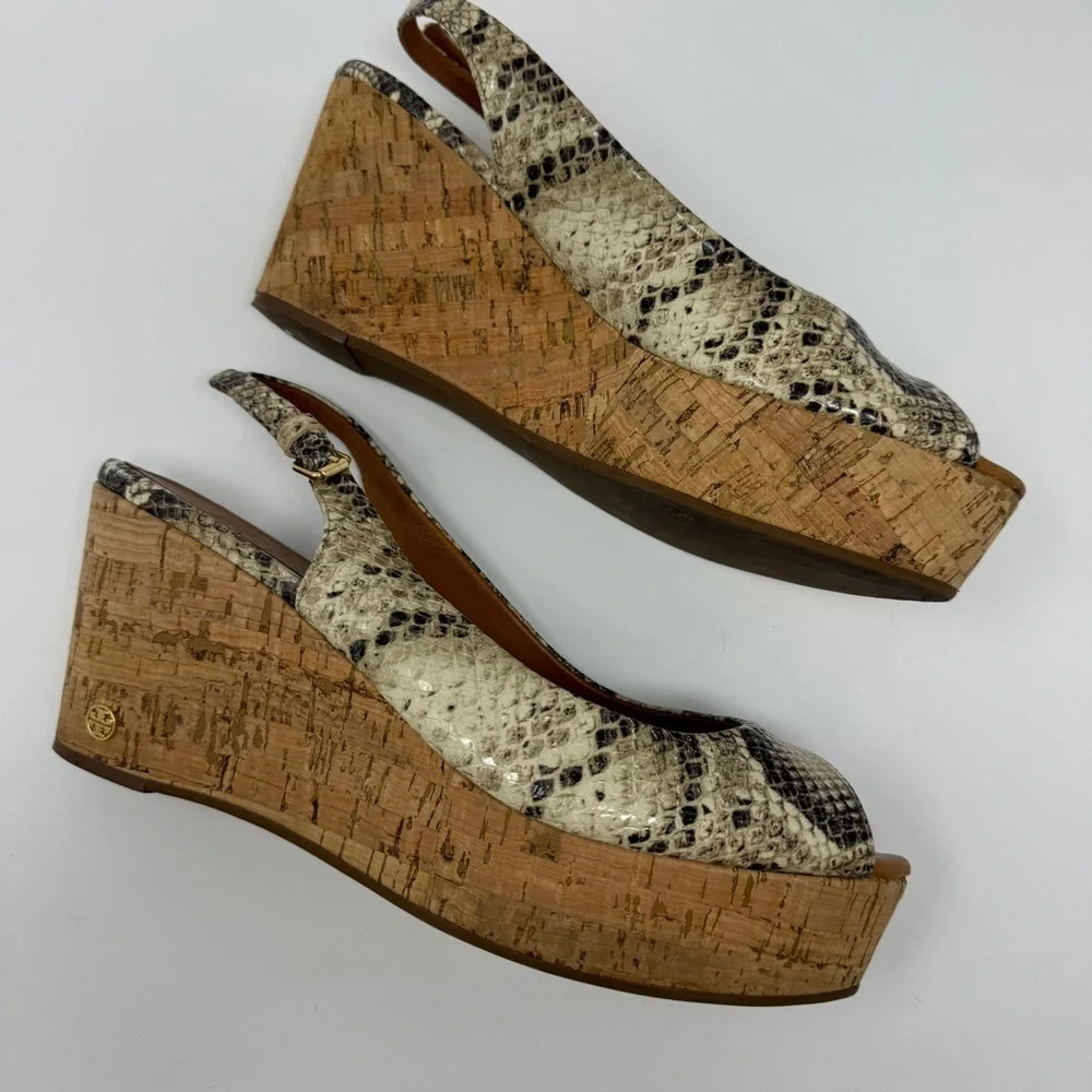 Tory Burch Rosalind Snakeskin Embossed Leather Cork Platform Wedge Sandals
